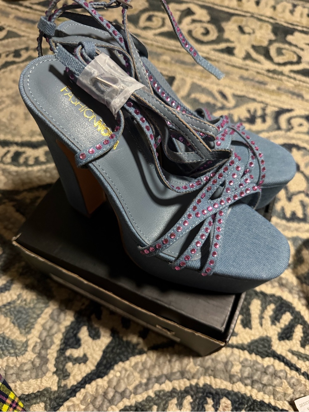 Fashion Nova Blue Platform Lace-Up Heeled Sandals with Pink Rhinestones